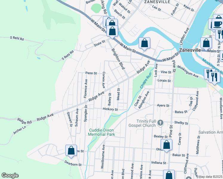 map of restaurants, bars, coffee shops, grocery stores, and more near 1444 Ridge Avenue in Zanesville