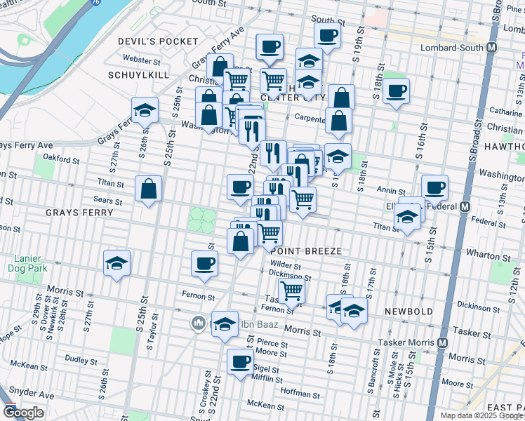map of restaurants, bars, coffee shops, grocery stores, and more near 2116 Titan Street in Philadelphia