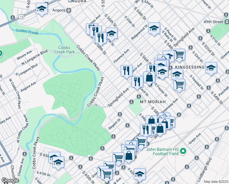map of restaurants, bars, coffee shops, grocery stores, and more near 5915 Belmar Terrace in Philadelphia