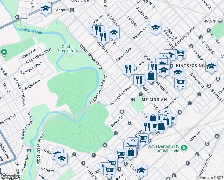 map of restaurants, bars, coffee shops, grocery stores, and more near 5957 Windsor Avenue in Philadelphia