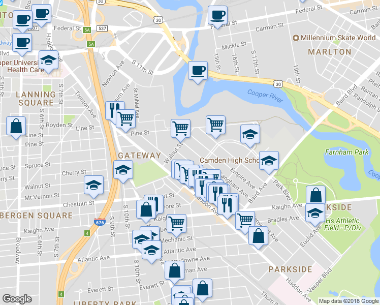 map of restaurants, bars, coffee shops, grocery stores, and more near 1039 Langham Avenue in Camden