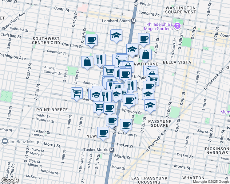 map of restaurants, bars, coffee shops, grocery stores, and more near 1172 South Broad Street in Philadelphia