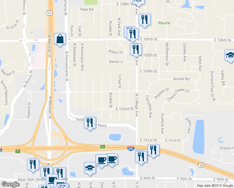 map of restaurants, bars, coffee shops, grocery stores, and more near 10246 North Park Avenue in Indianapolis