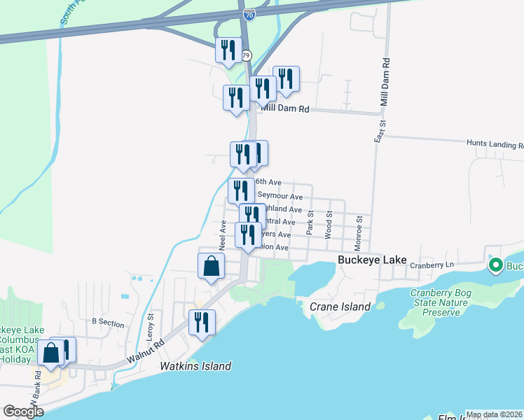 map of restaurants, bars, coffee shops, grocery stores, and more near 42 Highland Avenue in Buckeye Lake