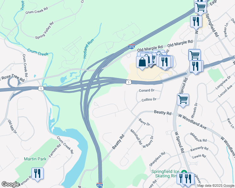 map of restaurants, bars, coffee shops, grocery stores, and more near 764 Barry Drive in Springfield