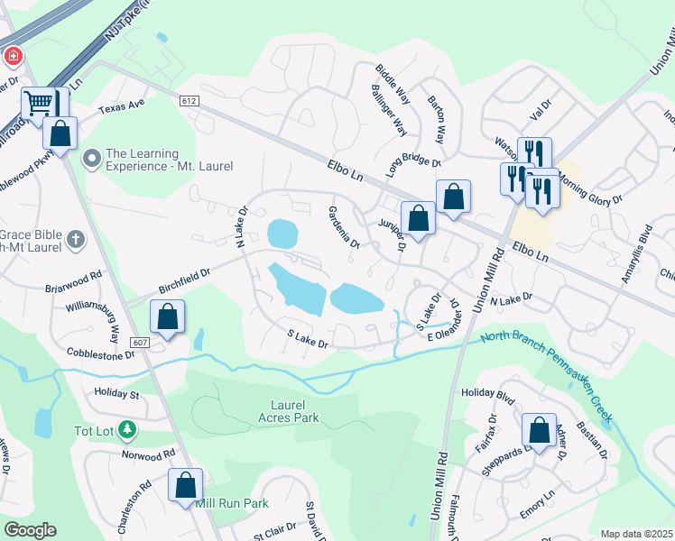 map of restaurants, bars, coffee shops, grocery stores, and more near 156B Birchfield Court in Mount Laurel Township