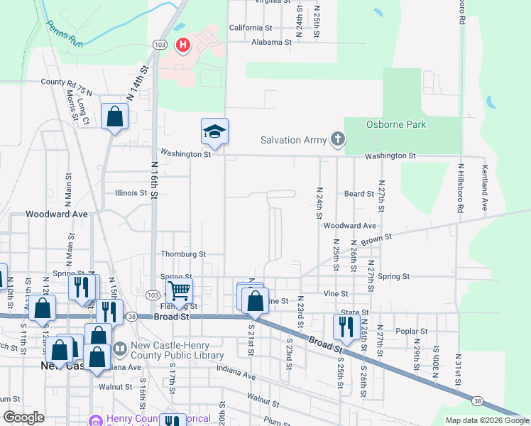 map of restaurants, bars, coffee shops, grocery stores, and more near 2120 Spring Street in New Castle