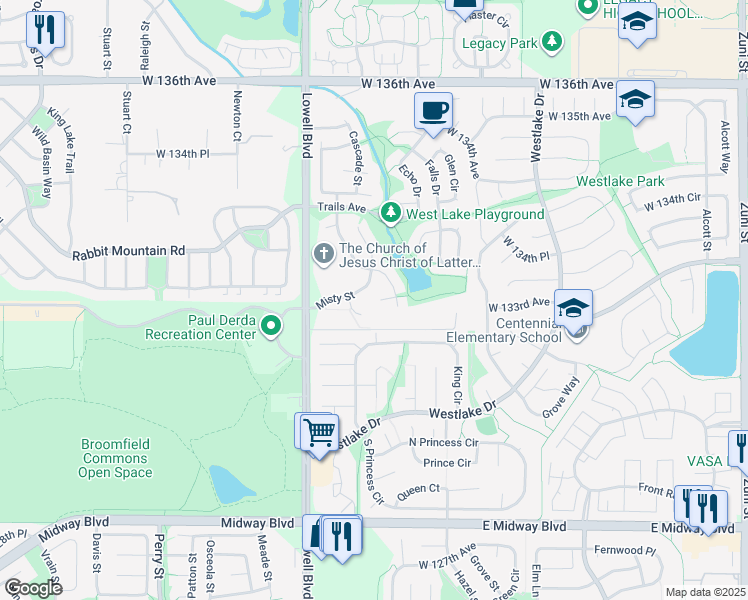 map of restaurants, bars, coffee shops, grocery stores, and more near 3337 Gold Court in Broomfield