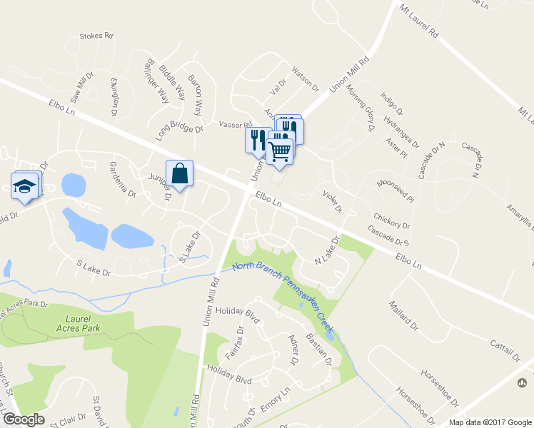 map of restaurants, bars, coffee shops, grocery stores, and more near 71 Center Lane in Mount Laurel Township