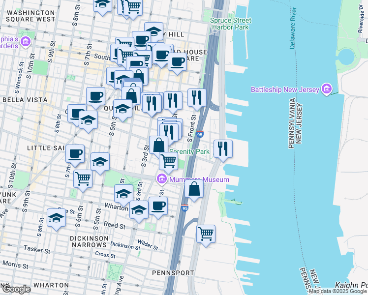 map of restaurants, bars, coffee shops, grocery stores, and more near 831 South Howard Street in Philadelphia