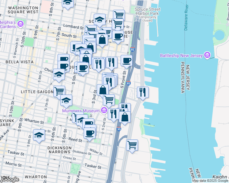 map of restaurants, bars, coffee shops, grocery stores, and more near 831 South Howard Street in Philadelphia