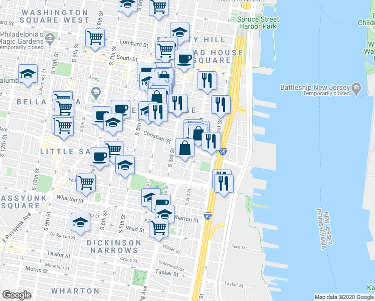 map of restaurants, bars, coffee shops, grocery stores, and more near 852 South 2nd Street in Philadelphia