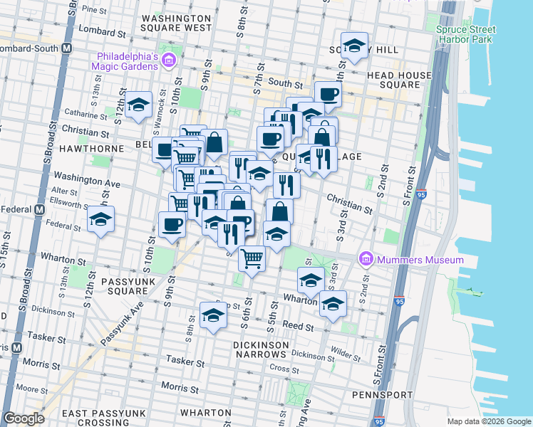 map of restaurants, bars, coffee shops, grocery stores, and more near 1002 South Randolph Street in Philadelphia