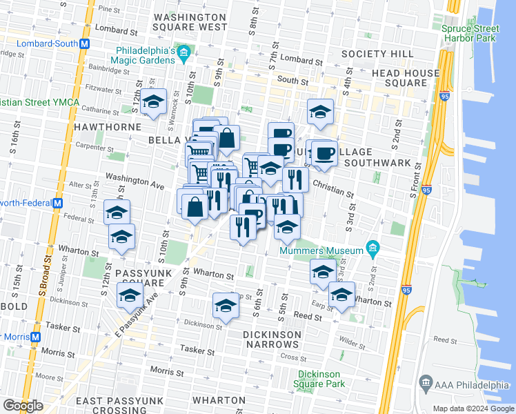 map of restaurants, bars, coffee shops, grocery stores, and more near 951 East Passyunk Avenue in Philadelphia