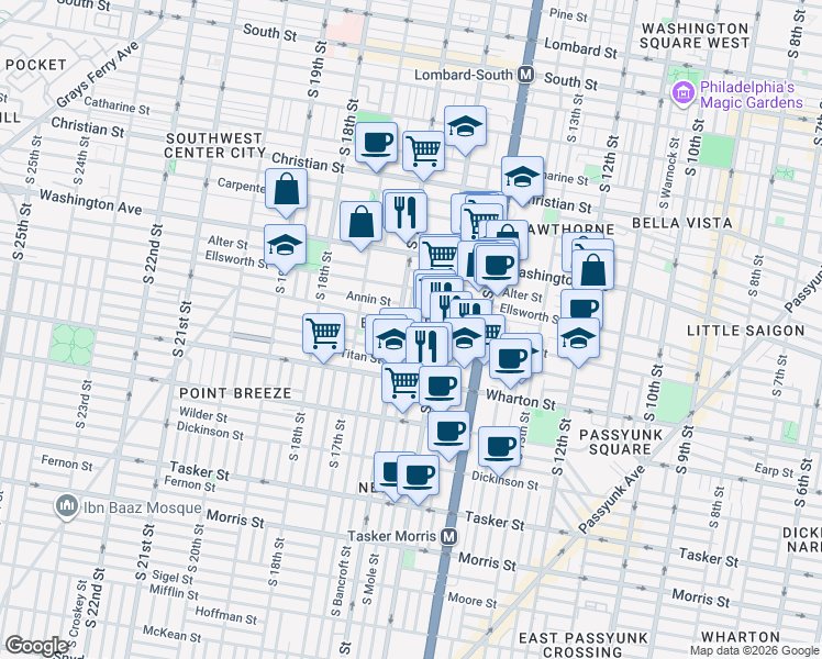 map of restaurants, bars, coffee shops, grocery stores, and more near 1510 Federal Street in Philadelphia