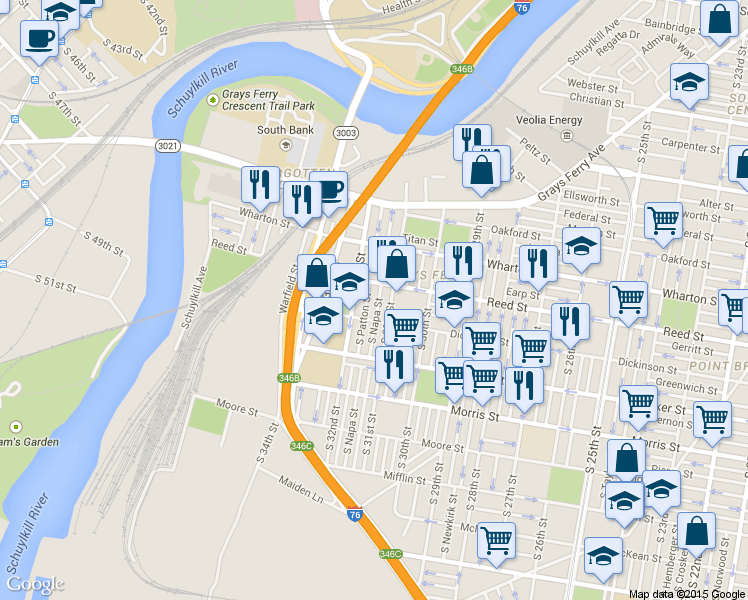 map of restaurants, bars, coffee shops, grocery stores, and more near 1425 South Patton Street in Philadelphia