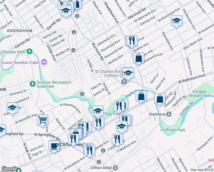 map of restaurants, bars, coffee shops, grocery stores, and more near 3837 James Street in Drexel Hill