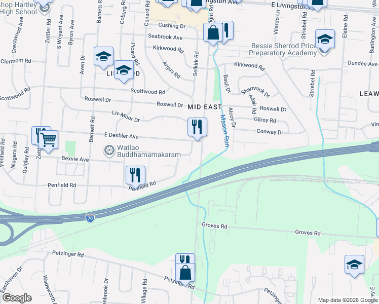 map of restaurants, bars, coffee shops, grocery stores, and more near 1805 Penfield Road East in Columbus