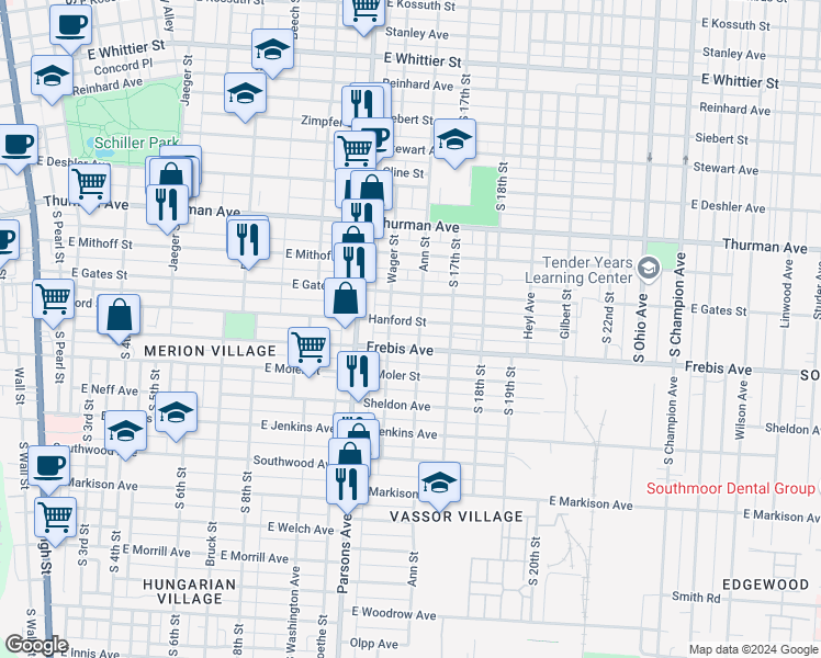map of restaurants, bars, coffee shops, grocery stores, and more near 517 Hanford Street in Columbus