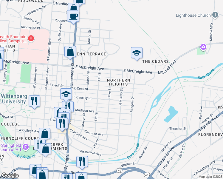 map of restaurants, bars, coffee shops, grocery stores, and more near 518 East Cecil Street in Springfield