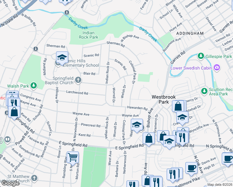 map of restaurants, bars, coffee shops, grocery stores, and more near 235 Worrell Drive in Springfield