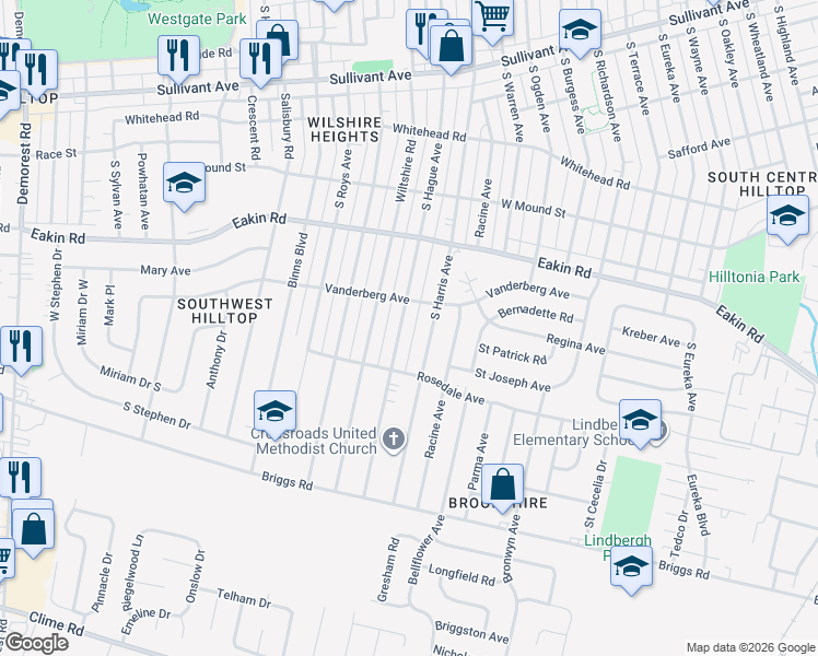 map of restaurants, bars, coffee shops, grocery stores, and more near 910 South Hague Avenue in Columbus