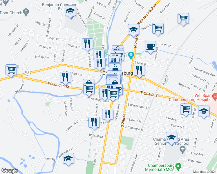 map of restaurants, bars, coffee shops, grocery stores, and more near 32 West Queen Street in Chambersburg