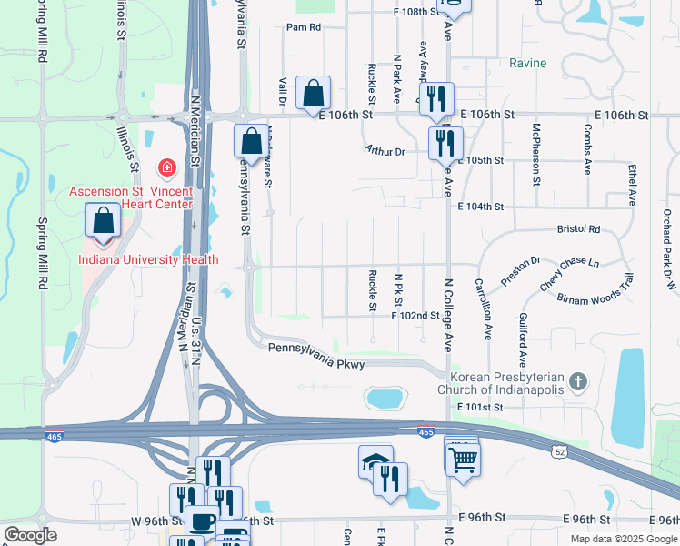 map of restaurants, bars, coffee shops, grocery stores, and more near 10246 Central Avenue in Indianapolis
