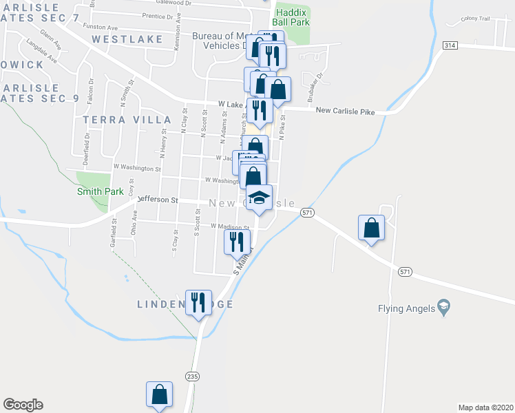 map of restaurants, bars, coffee shops, grocery stores, and more near 201 South Main Street in New Carlisle