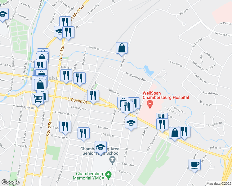 map of restaurants, bars, coffee shops, grocery stores, and more near 535 Nelson Street in Chambersburg