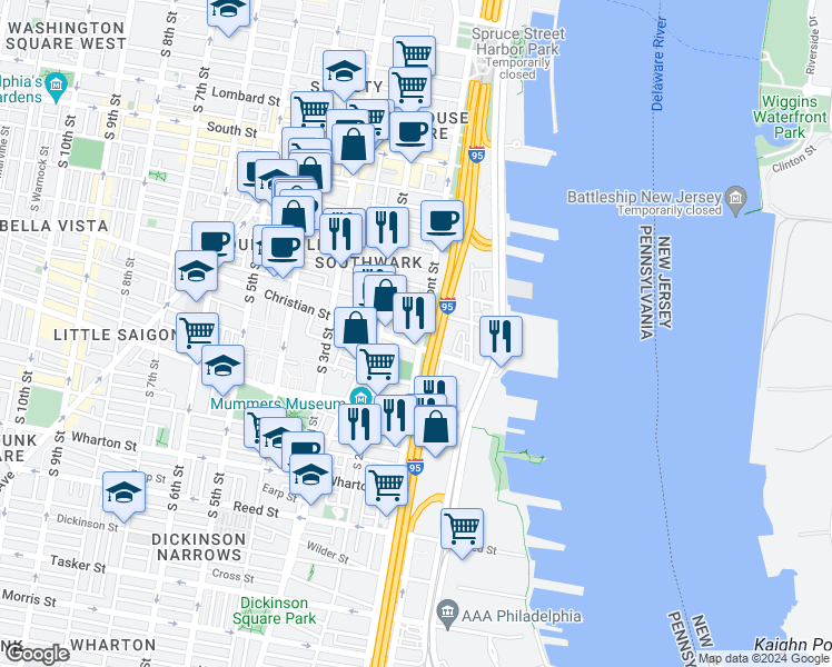 map of restaurants, bars, coffee shops, grocery stores, and more near 846 South Front Street in Philadelphia