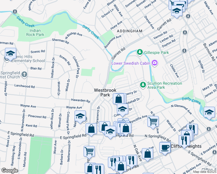 map of restaurants, bars, coffee shops, grocery stores, and more near 5254 Palmer Mill Road in Clifton Heights
