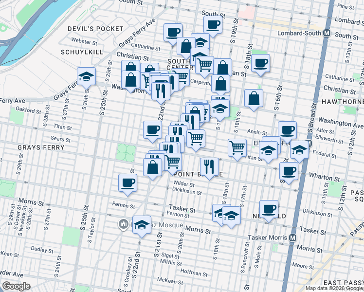 map of restaurants, bars, coffee shops, grocery stores, and more near 2042 Titan Street in Philadelphia