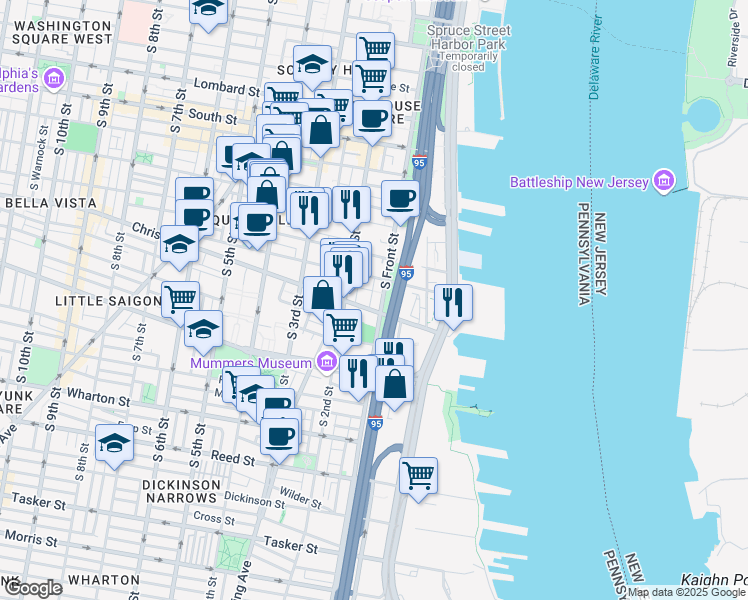 map of restaurants, bars, coffee shops, grocery stores, and more near 831 South Howard Street in Philadelphia