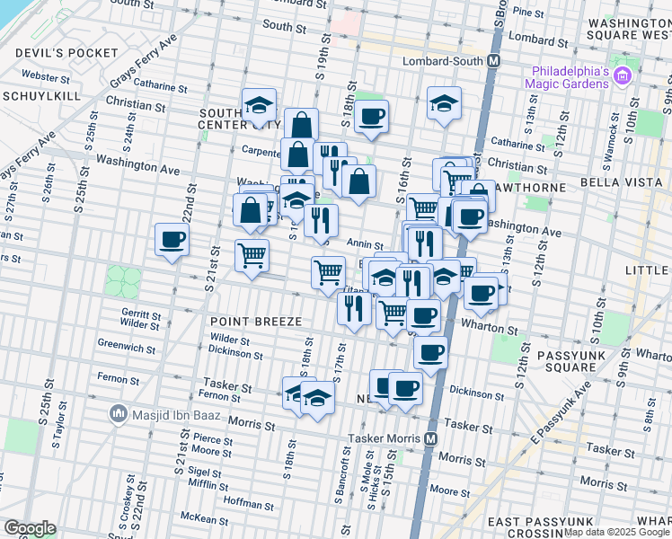 map of restaurants, bars, coffee shops, grocery stores, and more near 1708 Manton Street in Philadelphia