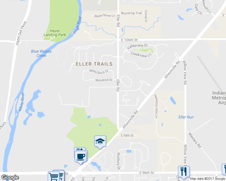 map of restaurants, bars, coffee shops, grocery stores, and more near 10222 Eller Road in Fishers