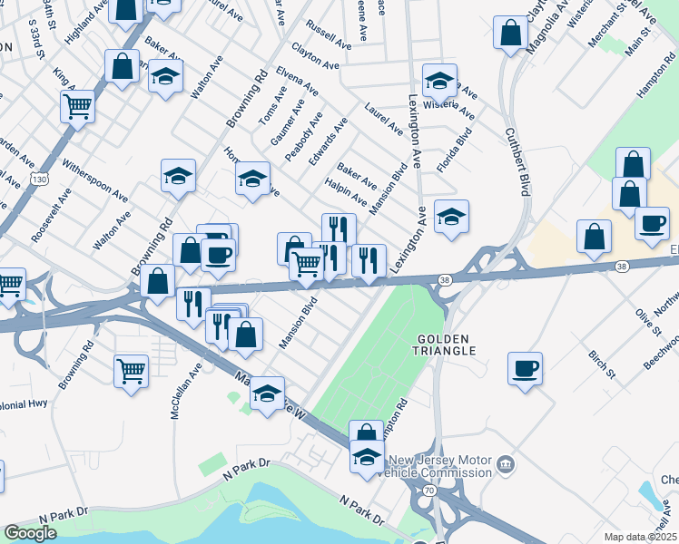 map of restaurants, bars, coffee shops, grocery stores, and more near 6020 Mansion Boulevard in Pennsauken Township