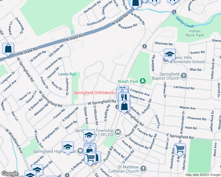 map of restaurants, bars, coffee shops, grocery stores, and more near 20 North Rolling Road in Springfield