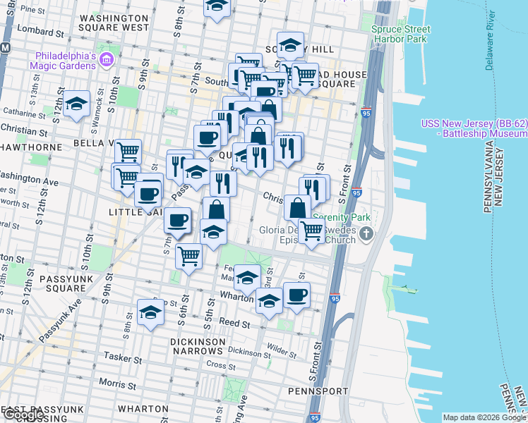 map of restaurants, bars, coffee shops, grocery stores, and more near 924 South Orianna Street in Philadelphia