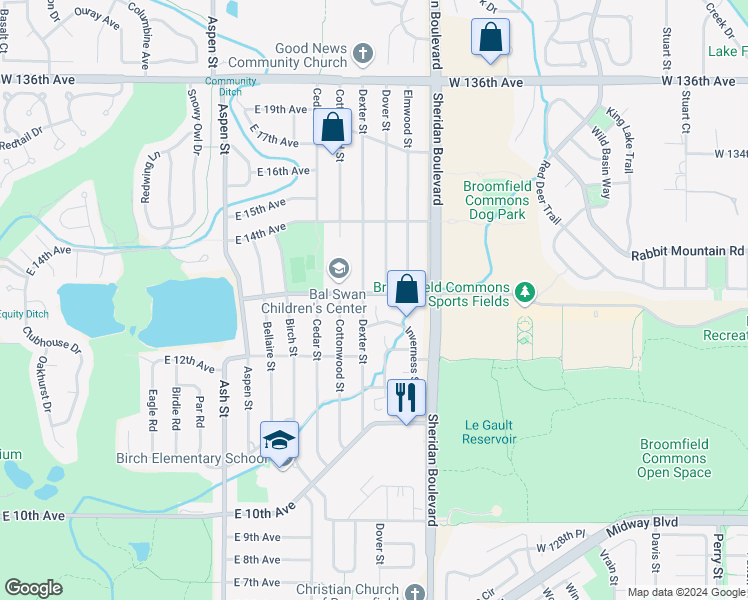 map of restaurants, bars, coffee shops, grocery stores, and more near 14 Amesbury Street in Broomfield
