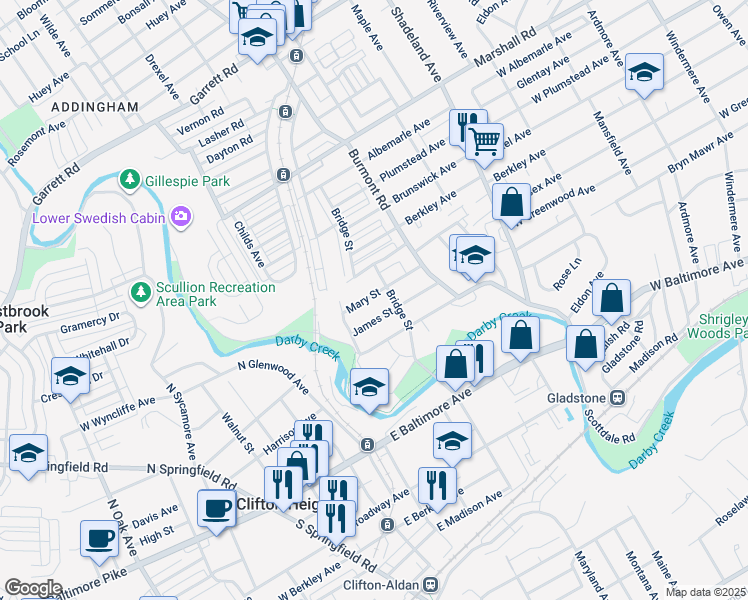 map of restaurants, bars, coffee shops, grocery stores, and more near 3914 Mary Street in Drexel Hill