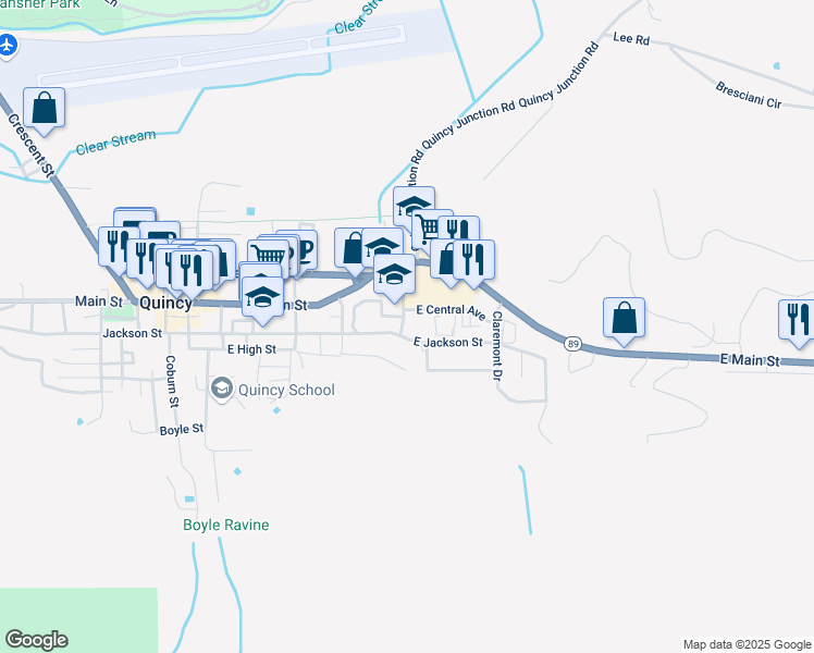 map of restaurants, bars, coffee shops, grocery stores, and more near 20 East Central Avenue in Quincy