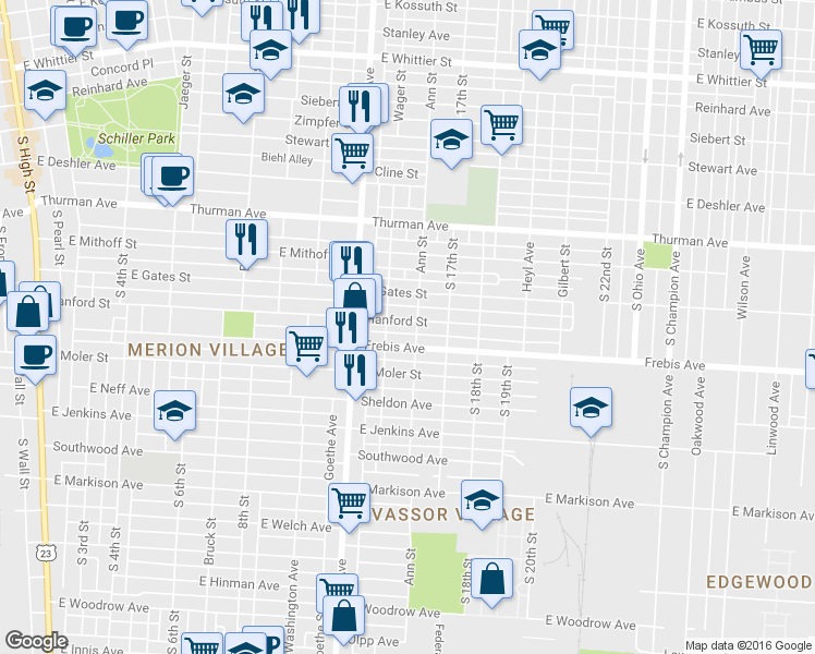 map of restaurants, bars, coffee shops, grocery stores, and more near 517 Hanford Street in Columbus