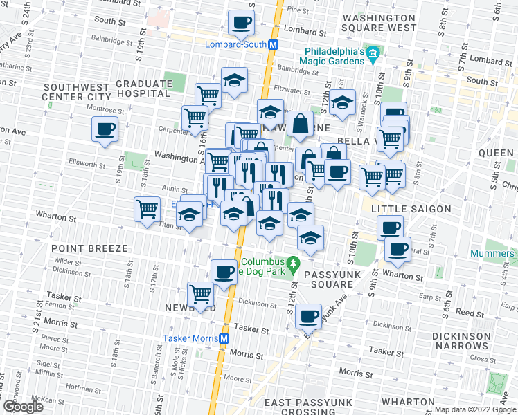 map of restaurants, bars, coffee shops, grocery stores, and more near 1153 S Broad St in Philadelphia