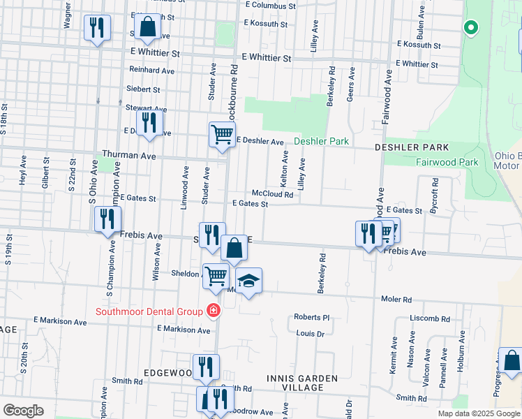 map of restaurants, bars, coffee shops, grocery stores, and more near 1455 Ellsworth Avenue in Columbus