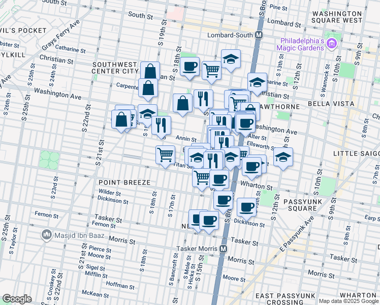 map of restaurants, bars, coffee shops, grocery stores, and more near 1617 Manton Street in Philadelphia