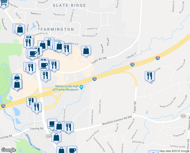map of restaurants, bars, coffee shops, grocery stores, and more near Interstate 70 in Pickerington