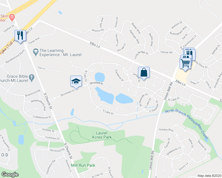 map of restaurants, bars, coffee shops, grocery stores, and more near 135 Birchfield Court in Mount Laurel