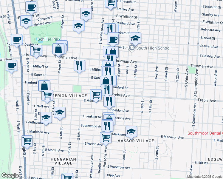 map of restaurants, bars, coffee shops, grocery stores, and more near 1344 Parsons Avenue in Columbus
