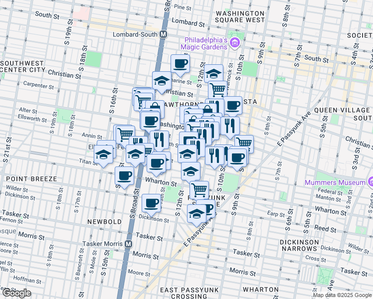 map of restaurants, bars, coffee shops, grocery stores, and more near 1202 Ellsworth Street in Philadelphia